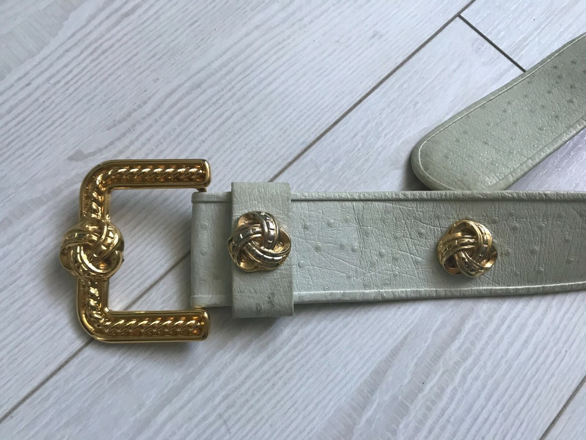 Vintage 1980 90’s wide tan leather ostrich embossed big buckle retro Belt Small Vintage 1980s 1990s Ostrich Leather Belt Beige Exotic Design  main image 3