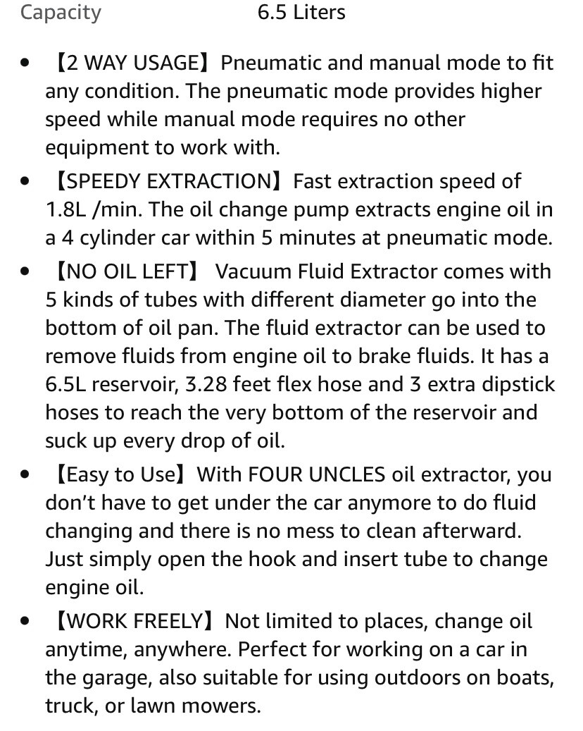 FOUR UNCLES Pneumatic Or Manual Oil Change Vacuum Pump Fluid Extractor 6.5 Liter eBay