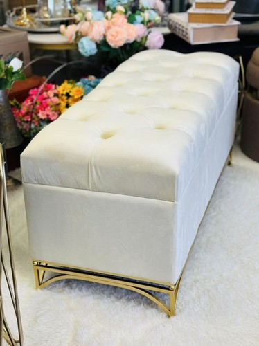 Handmade Storaged Velvet Bench with Gold metal bases in Ivory 100cm length - Picture 8 of 23