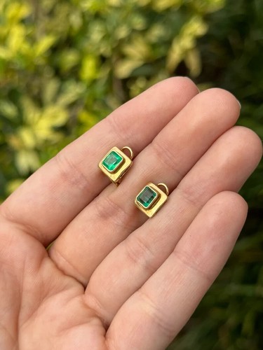 1.85tcw Medium Vivid Green Colombian Emerald Square Cut Bezel Set Earrings 18K - Picture 4 of 10