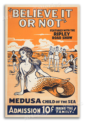 Believe It Or Not - Medusa the Mermaid - 1930s Vintage Poster - 16x24