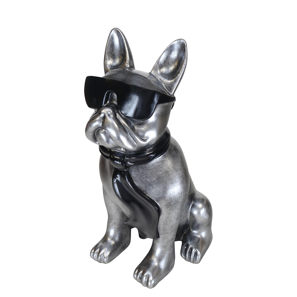 Bulldogge Hund mit Sonnenbrille und Schal Kunstharz silberfarben H: 40cm -11729-