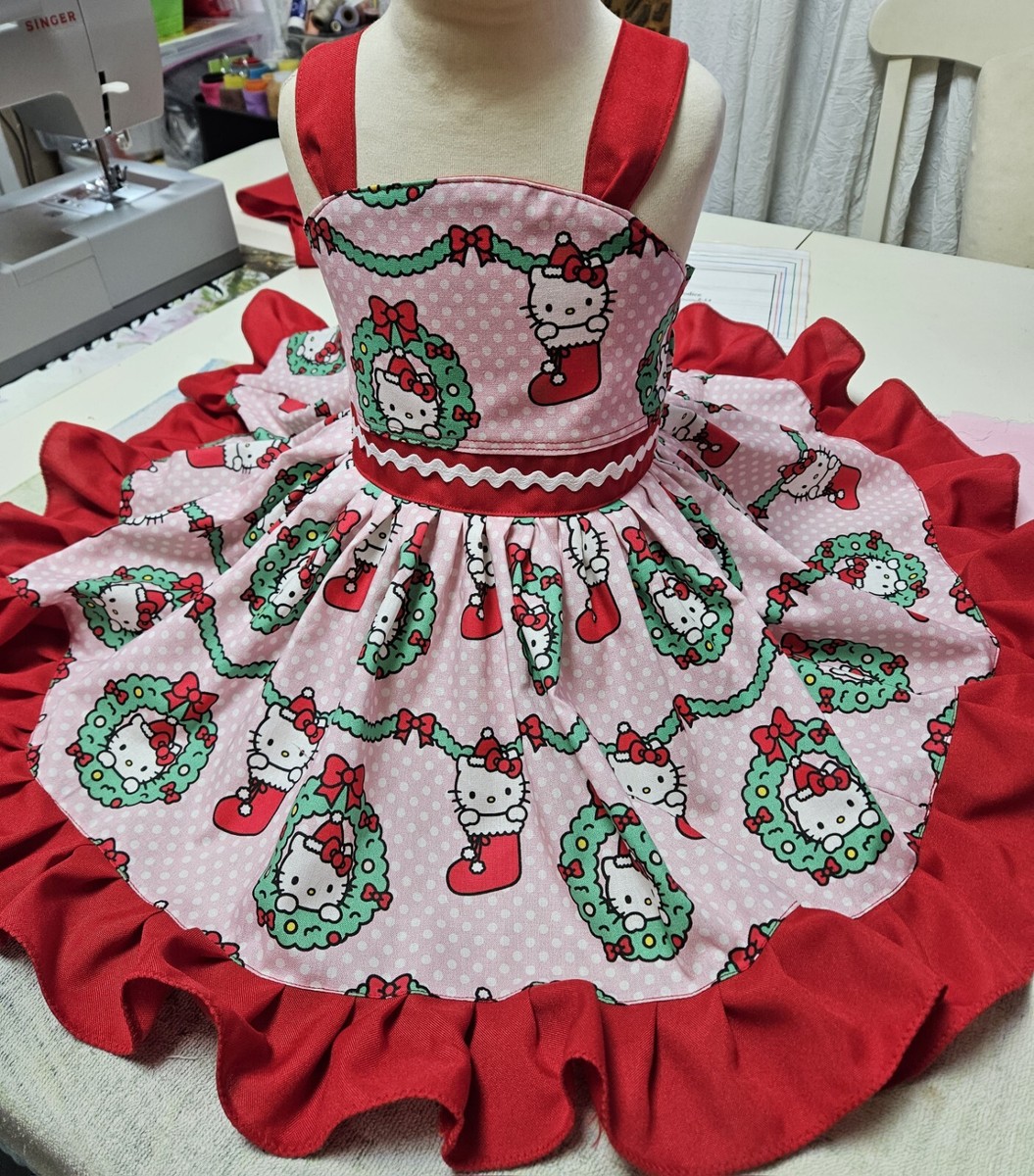 kitty christmas dress Hello Girls Custom Made sizes 2,3,4,5,6 Baby Girls Kids cats dressed up for christmas