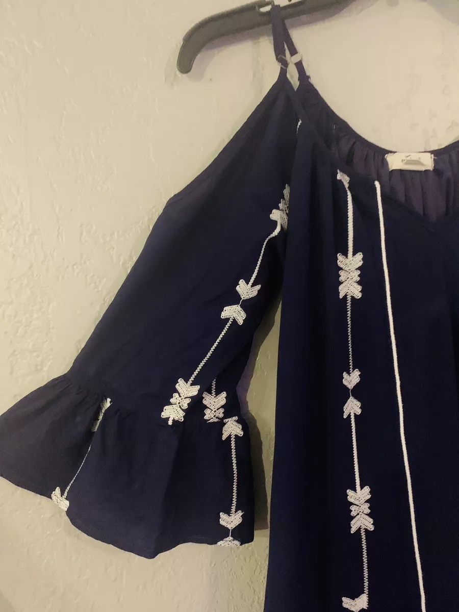 Exist Navy Blue Cold Cut Out Shoulder Embroider Dress Small
