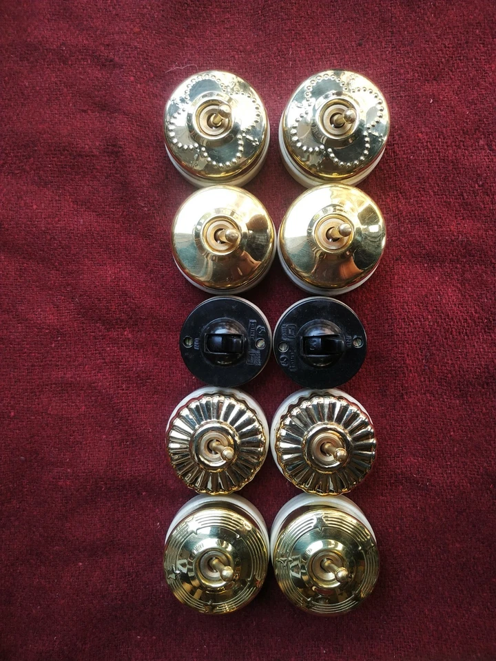 老式黄铜陶瓷和面包 1 路电动开关纽扣 10 件套装饰 — 第 3/4 张图片