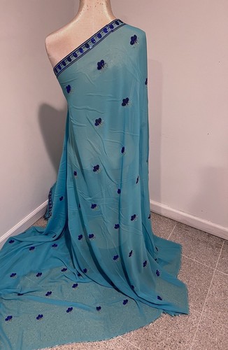 Teal Royal Blue Embroidery Sequins Chiffon Fabric 50” Width Sold By The Yard - 第 2/8 張圖片