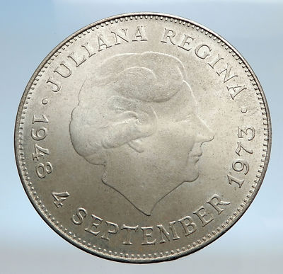 1973 Netherlands Kingdom Queen JULIANA Authentic Silver 10 Gulden