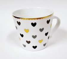 NEW GRACE WHITE WITH GOLD TRIM,BLACK+GRAY+GOLD HEARTS COFFEE MUG,TEA CUP(13 OZ.)