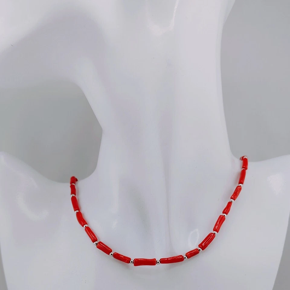 Collana corallo rosso cannettine 50cm e argento 925 gioiello artigianale unisex - Immagine 4 di 4