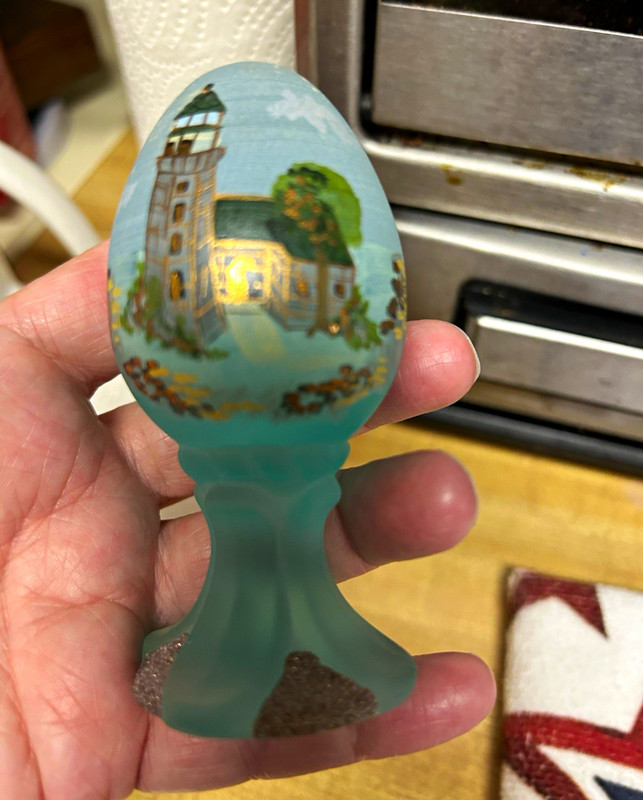Hand Painted Frosted Glass Lighthouse Seascape Egg Figurine Signed Bruce