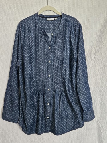 Damen 2X St. John's Bay Roll-Riegelärmel Knopfleiste Bluse blau & weiß NEU - Bild 2 von 15