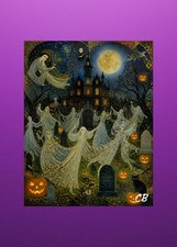 Dancing Ghosts ACEO Print Gold Leaf Haunted Mansion Halloween Folk Art