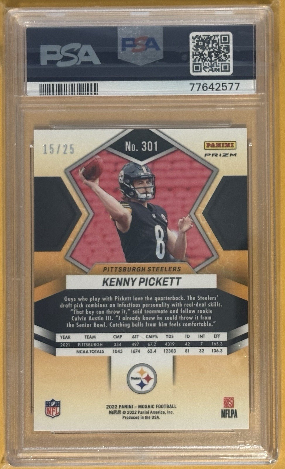 2022 White Mosaic KENNY PICKETT #301  ROOKIE  15/25 ( PSA 10 ) GEM MINT view 2