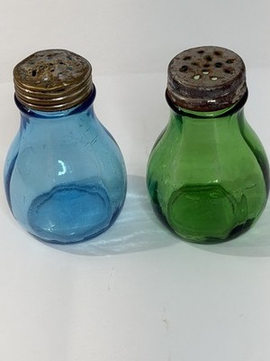 Antique Victorian Blown-Molded Glass Christmas Salt Shakers - Blue & Green Pair