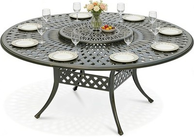 Outdoor 61'' Round Patio Dining Table with Detachable Lazy Susan, Umbrella Hole