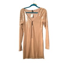 Windsor Sequin Nude Long-Sleeve Mini Dress V-Neck Tie Detail Women Large NEW NWT