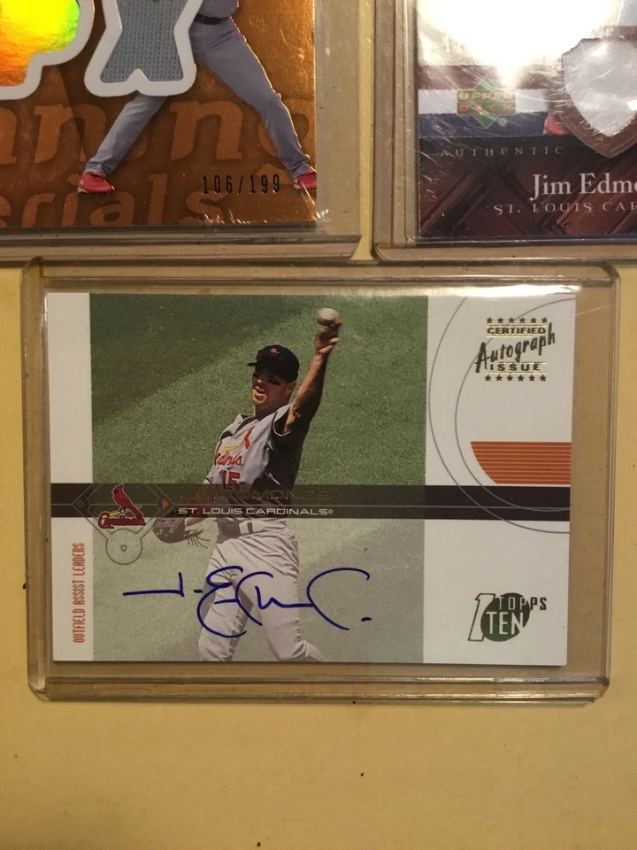 Un lote de (3) tarjetas de Jim Edmonds. Un autógrafo y 2 recuerdos (2) serie #’d Foto 4 de 4