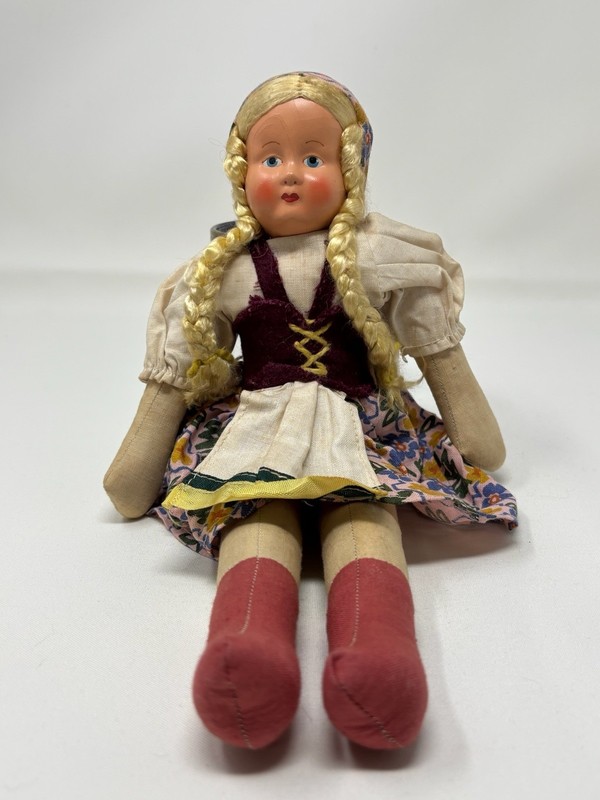 Antique Polish/German/Hungarian Folk Doll 1930/40's Painted Face, Cloth Hands