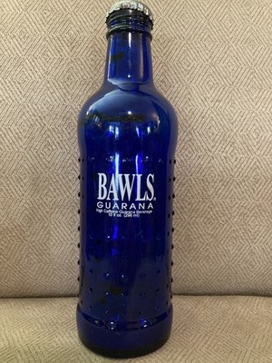 Bawls Guarana Soda Glass Cobalt Blue Bottle EMPTY Vintage with cap white defect