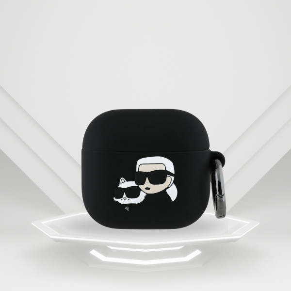 Case For AirPods 4 Karl Lagerfeld Silicone Black Logo Cat Head 3D
