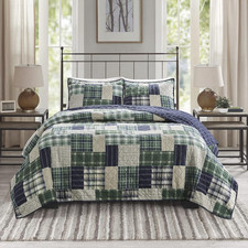 Reversible Plaid Quilt Set - All Season Full/Queen Bedding, Green/Navy