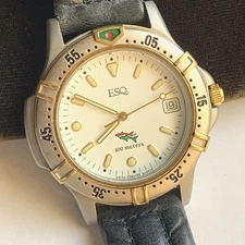 Vtg ESQ by Movado 100 meter Diver Date Sport Silver Gold Duo Tone Watch Leather
