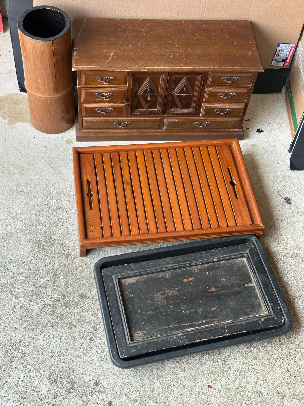Vintage Chinese-Style Bamboo Gongfu Tea Tray & Brush Pot Holder Set