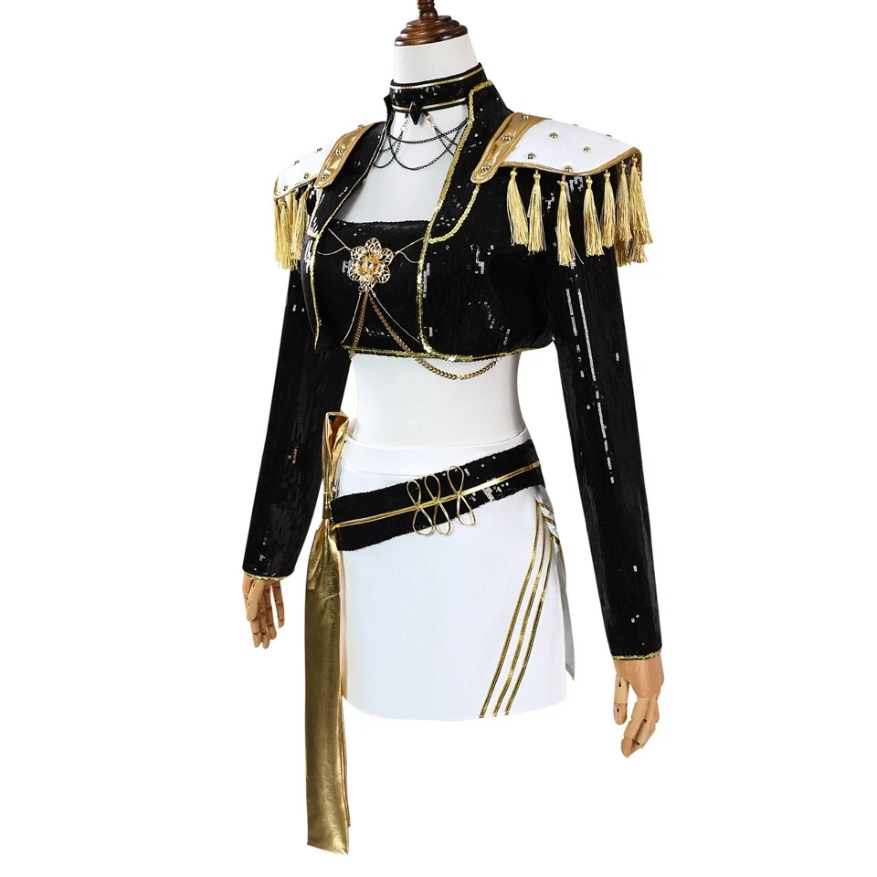Women’s K-pop Stage Dance Costume | Sparkly Black Gold Performance Outfit Set - Image 2 of 4