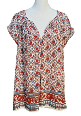 Max Studio Blouse L White Pink Blue Floral Split V-Neck Pleated Flowy