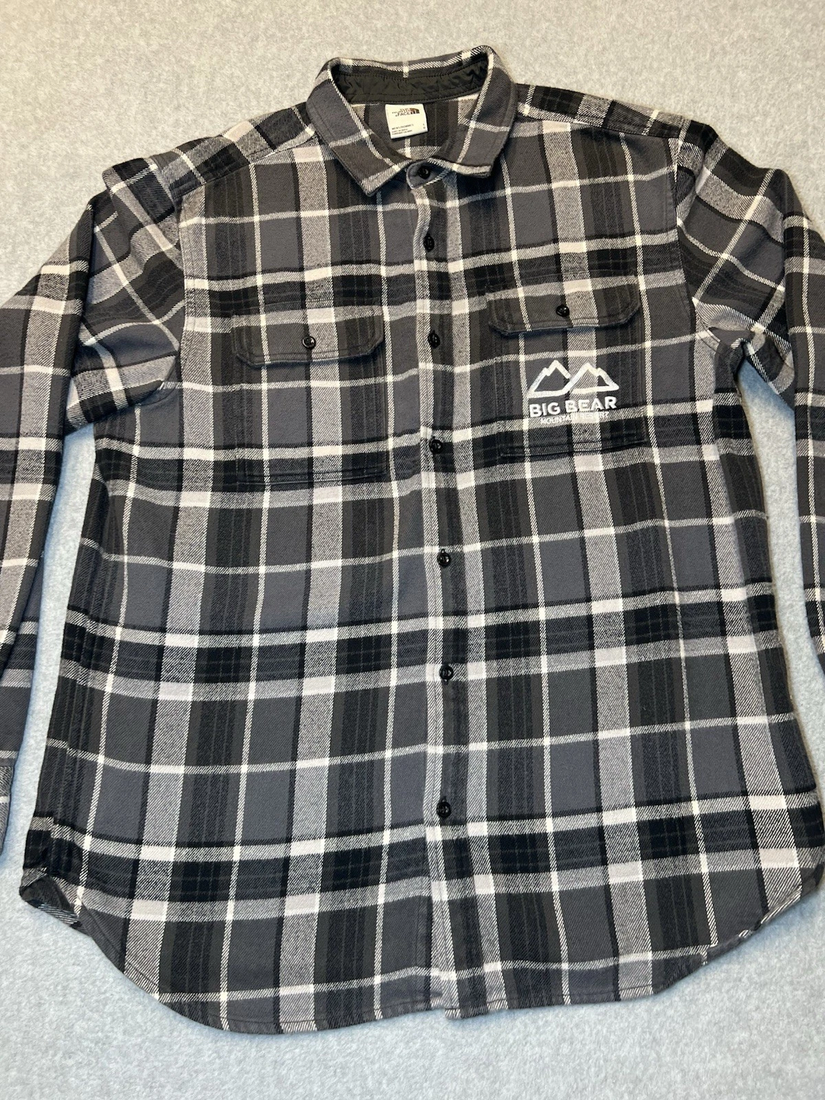 The NORTH FACE Men's L large Plaid Flannel Shirt Big Bear Mountain Resort gray