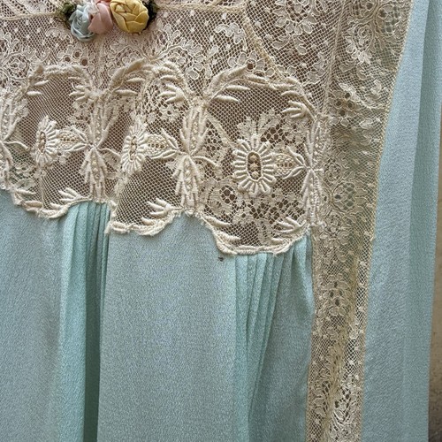 Antique 1920s Blue Silk Lace Floral Ribbon Work Lingerie Slip Dress Nightie - Picture 4 of 11
