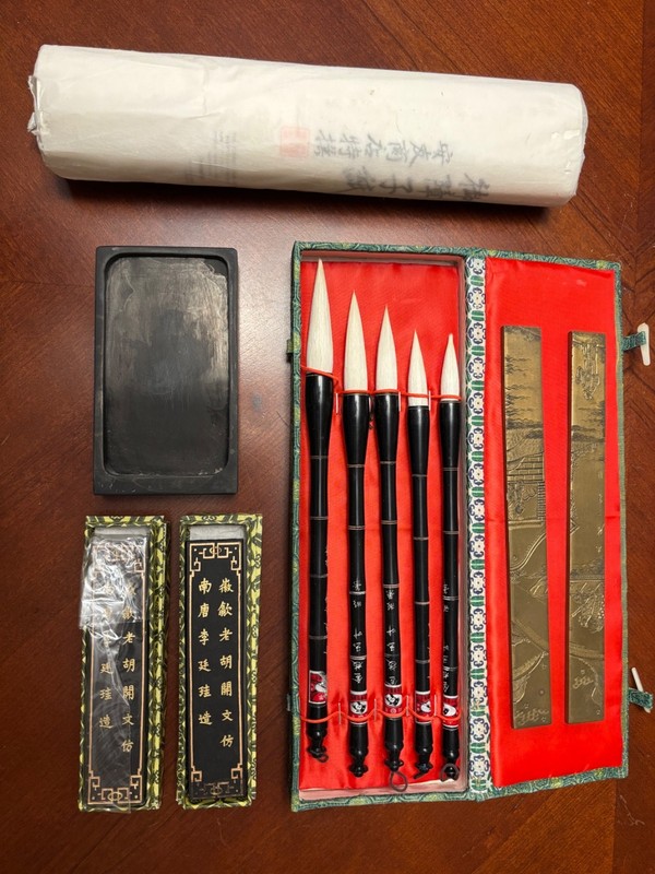 Chinese calligraphy supplies, ink, brushes
