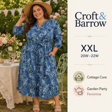Vestido Camisa Croft & Barrow Paisley Mujer XXL Azul Midi Manga 3/4 Jardín Cabaña