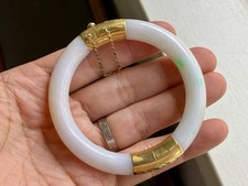 Vintage White Jade And 14k Yellow Gold Bangle 10mm Thick 70mm Wide - 44.51 Grams