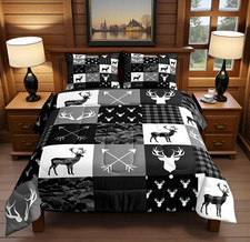 Deer Silhouette Comforter Set Queen Size,Camo Western Rustic Farmhouse Xmas Bedd