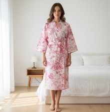 Cotton Kimono Robe Dressing Gown, Block Print Bridesmaid Robe, Summer Nightwear,