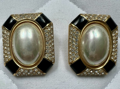 Dior Signed Gold Tone Clip-On Stud Earrings Black Enamel Faux Pearl Crystal