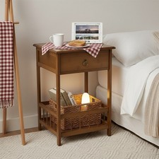 2 Tier Retro Bamboo Side Table with Drawer Living Room Storage Beside Nightstand