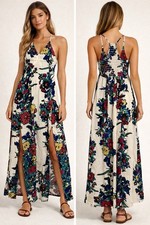 Free People Ivory Multicolor Floral Strappy Maxi Dress Side Slit Sleeveless M