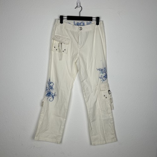 YES Jeans Y2K Vintage Cargo Floral Embroidered White Pants Girls Size 16 - Picture 1 of 7