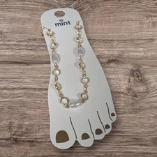 Gold Chain Gemstone Anklet - Pearl White