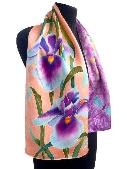 Hand painted silk scarf "Irises", natural satin 100 % silk.