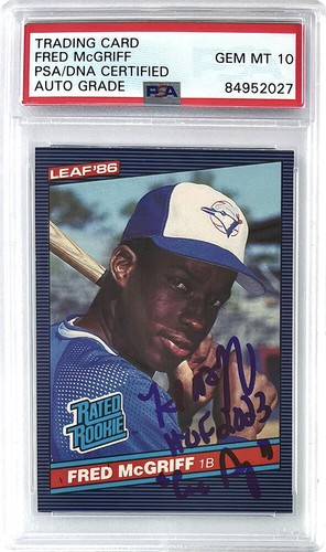 Tarjeta de novato Fred McGriff autografiada 1986 Leaf HOF Crime Dog PSA AUTO 10 - Imagen 1 de 2