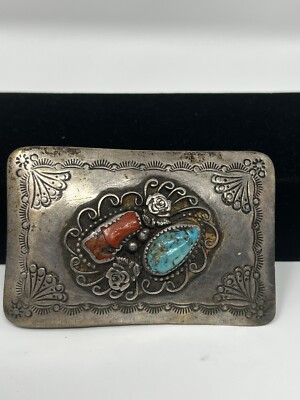Navajo Native American Turquoise and Coral Belt Buckle JB 3”x2
