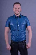 Men's Handmade Formal Wear Lambskin Leather Stylish Blue Casual Shirt Real Soft