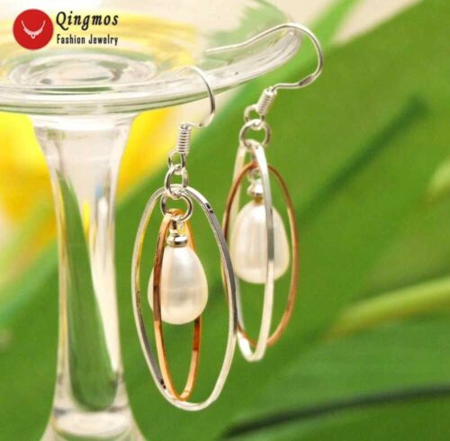 8-10mm Drop Natural White Pearl Earring for Women Oval Hoop Dangle Earring - Picture 1 of 16