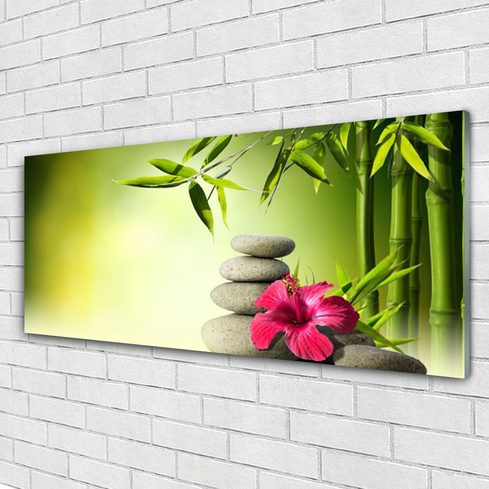 Impression sous verre panoramique 125x50 cm Bambou Pierres Fleurs de luxe