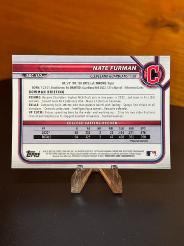 2022 Bowman Draft Chrome 1st #BDC-182 Nate Furman - Cleveland Guardians - Picture 2 of 2