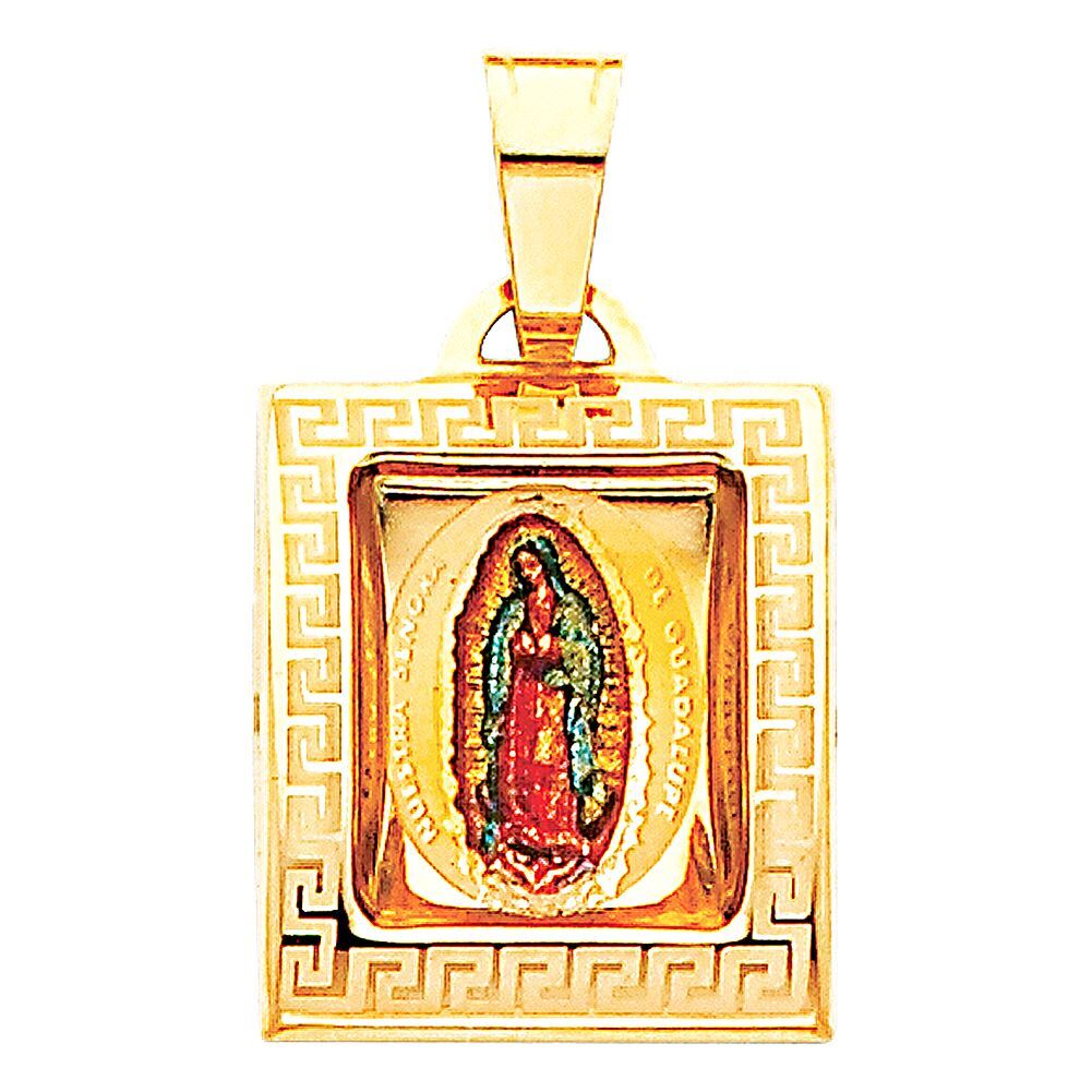 14K Yellow Gold Guadalupe Enamel Charm Pendant & 0.9mm Wheat Chain Necklace