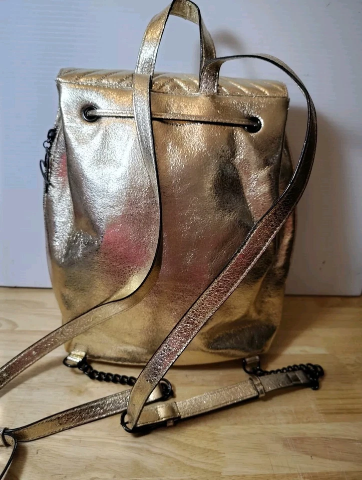 Victoria’s Secret Angel V-quilt Backpack Crackle Gold Metallic Chain Tassels - Image 4 of 4